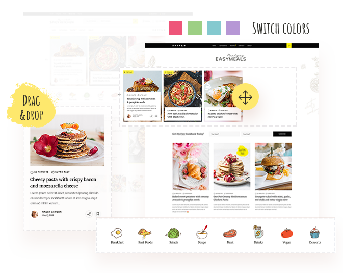 Colorful website design showcasing food recipes with vibrant images and easy navigation.